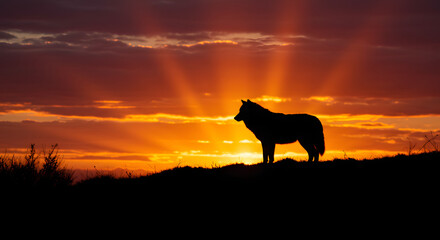 A wolf stands on a hill, facing a killer orange and red sunset
