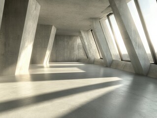 Modern concrete architecture interior with sunlight streaming through windows, minimalist design, architectural photography, studio shot