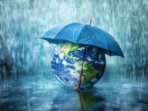 Earth sheltered beneath a protective umbrella during a heavy downpour.
