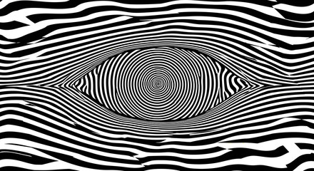 A black and white digital doodle features a trippy, eye-like pattern with lines forming the eye's shape
