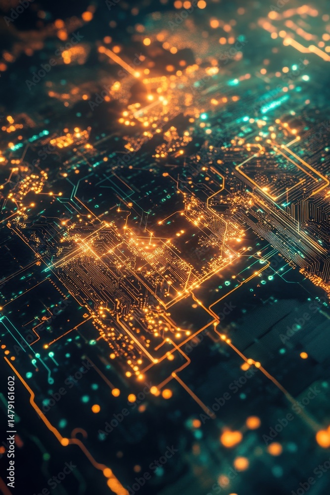 Poster illuminated circuit board close up capturing data flow with glowing lines and nodes in a macro view 