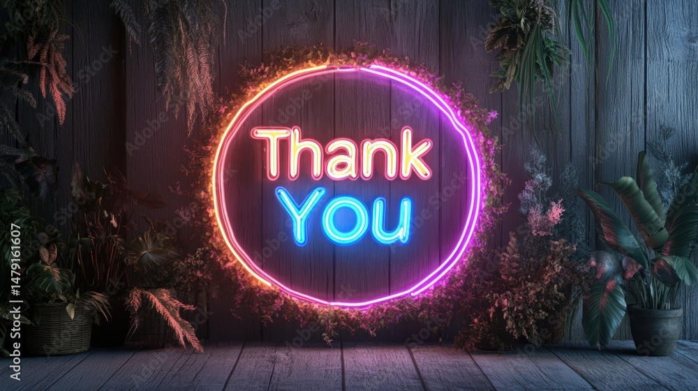 Poster bright neon sign displaying the words thank you in a circular design with colorful glow effect for a
