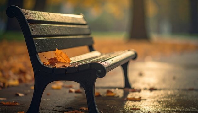 Wet park bench with fallen autumn leaves, rainy weather conditions