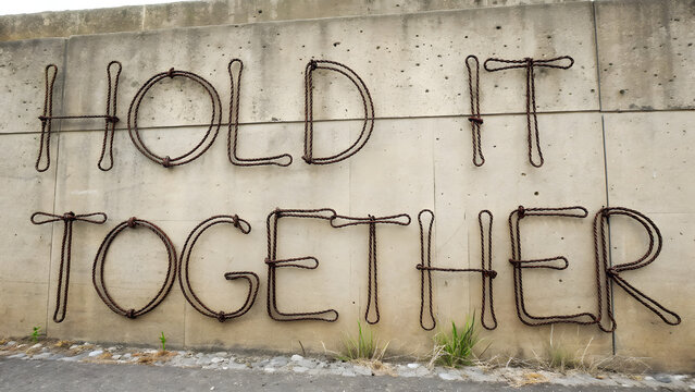 Rusty wire letters spelling "Hold It Together" on concrete wall, symbolizing resilience, mental strength, struggle, and perseverance in urban surroundings
