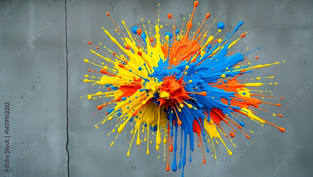Aufkleber exploding paint splatter abstract composition with vibrant colors on textured wall