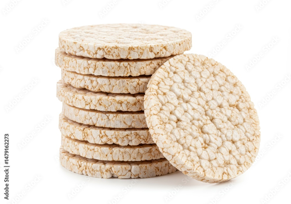 Poster a stack of rice cakes is presented against a plain white background showing their texture and round 