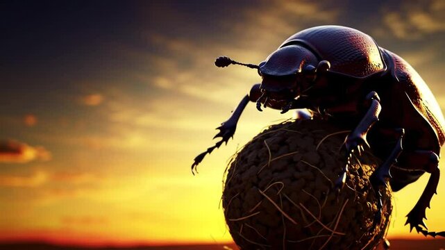 Dung Beetle Rolling Ball at Sunset - Wildlife Close-Up