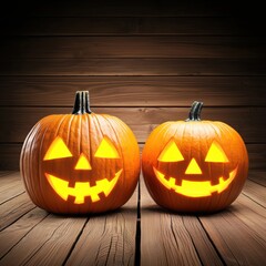 Obraz premium Two intricately carved jack-o'-lanterns with glowing faces sit on a rustic wooden floor against a dark wooden wall background perfect for Halloween celebrations and autumnal