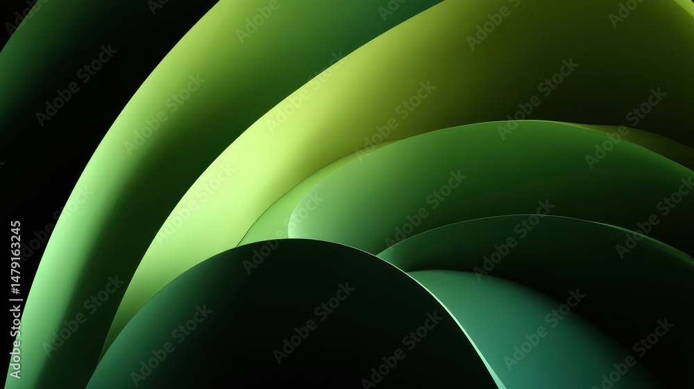 Poster abstract layered shapes in various shades of green.