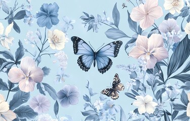 Large Watercolor European Vintage Floral and Butterfly Pattern for Curtains, Wallpaper and Wrapping Paper