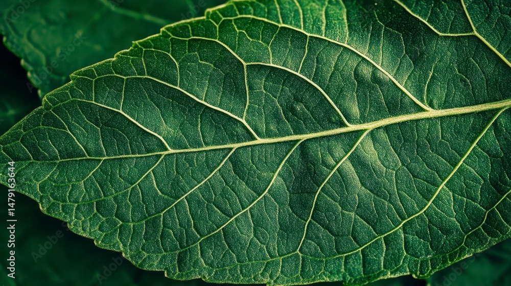 Poster close-up of a vibrant green leaf, showcasing intricate vein patterns and texture.