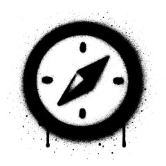 High contrast black and white graffiti style compass symbol created with spray paint. Features bold edges, paint splatters, and dripping details for an edgy, urban street art aesthetic. © kadiran