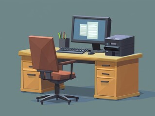 Modern Office Desk Setup with Computer and Printer for Work Environment