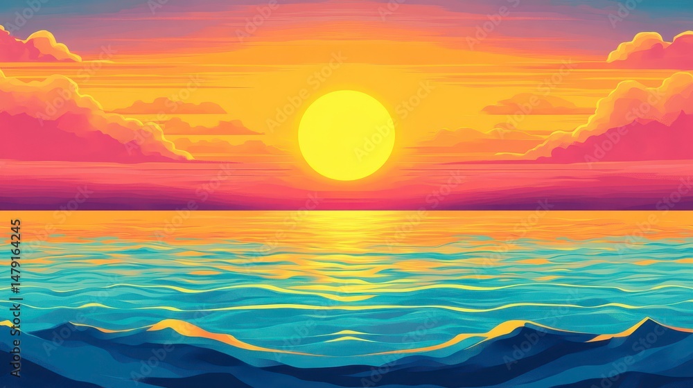 Poster vibrant sunset over calm ocean with colorful sky and reflected light.