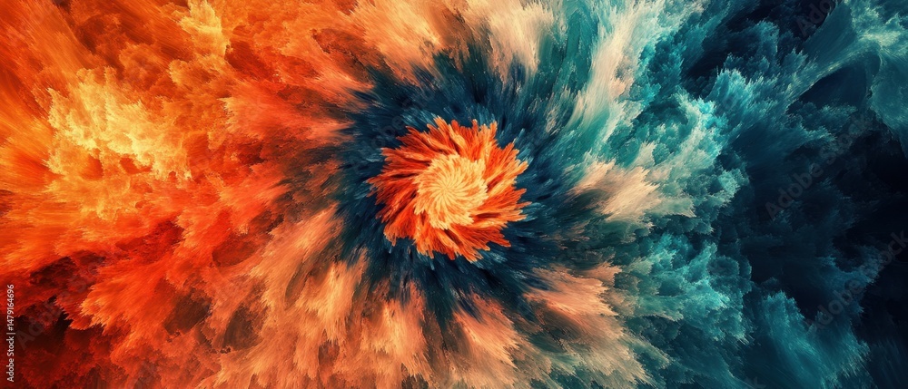 Poster abstract fractal explosion of orange and blue colors digital art swirling vortex design with texture