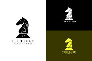 Fototapeta premium vector illustration of silhouette knight chess piece with circuit inside, logo for machine learning, developers, data analyst, database, artificial intelligence, cloud computing, fintech, and more