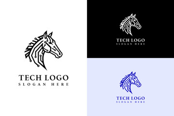 bold lines horse head made with circuit web vector illustration, logo for tech, artificial intelligence, fast data, internet of things, information technology, database, data center, and more