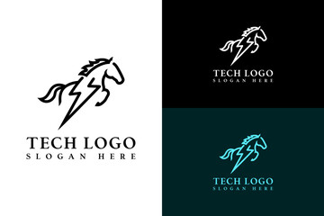 horse with lightning bolt fusion, illustration, vector, minimal, logo for tech, fast data, data transfer, machine learning, cloud computing, database, data center, blockchain, fintech, and more