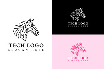 horse head with neural lines illustration, abstract, vector, logo for database, data transfer, cloud computing, artificial intelligence, deep learning, data analyst, tech, and more