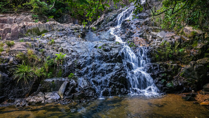 Serene Waterfall Cascading Over Jagged Rocks in a Forested Area