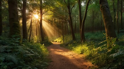 Fototapeta premium Sunlight streams through trees illuminating a path in a lush green forest during the daytime scene