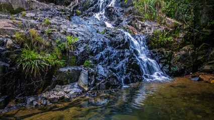 Tropical Waterfall Cascading Over Rocks in Lush Green Forest
