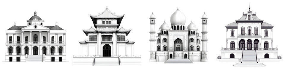 Obraz premium Architectural masterpieces showcasing diverse styles, from traditional Asian to Western influences, illustrated in bold black and white, emphasizing symmetrical designs and cultural motifs