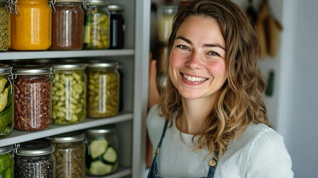 Caucasian woman smiling with home shelf full of bottle of pickle vegetables , sustainable lifestyle 