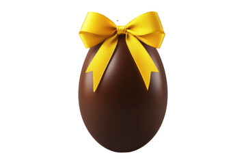 Glossy chocolate Easter egg tied with yellow ribbon in bow, isolated on white transparent background. Festive and sweet holiday celebration concept