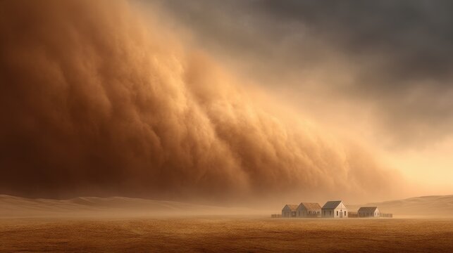 Enormous dust storm approaching a small desert village, rolling clouds of sand engulfing the horizon