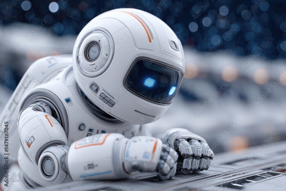 Poster curious robot explores mysterious spacecraft in vast cosmic land