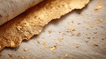 Handcrafted paperboard with embedded golden flakes and visible pulp texture, photographed in warm natural light 