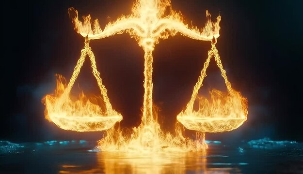 Fiery scales of justice reflected in dark water.  Balance, judgment, and fire imagery