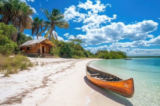 Tropical beach scene with wooden hut and canoe