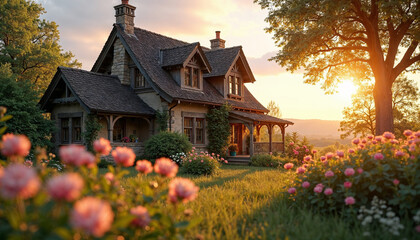 Charming Vintage Cottage Surrounded by Blooming Flowers at Sunset for Home Decor Blogs, Real Estate Websites, Gardening Articles, and Nature Photography 