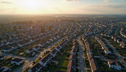 Fototapeta premium Aerial View of Residential Neighborhoods at Sunset with Houses and Gardens for Real Estate Blogs, Urban Planning Websites, Community Development Articles, and Landscape Photography 