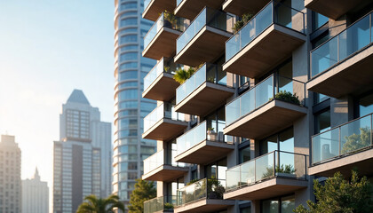 Modern Residential Building with Glass Balconies Against Urban Skyline for Architecture Blogs, Real Estate Websites, Urban Living Articles, and Design Inspiration Content  