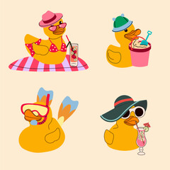 Summer Fun Rubber Ducks at the Beach.  Playful Cartoon Set