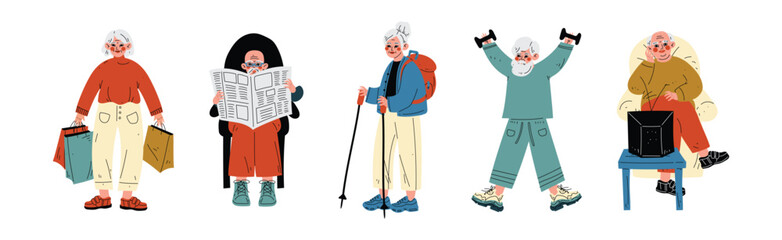 Active Senior Man and Woman Character Enjoy Different Activity Vector Set