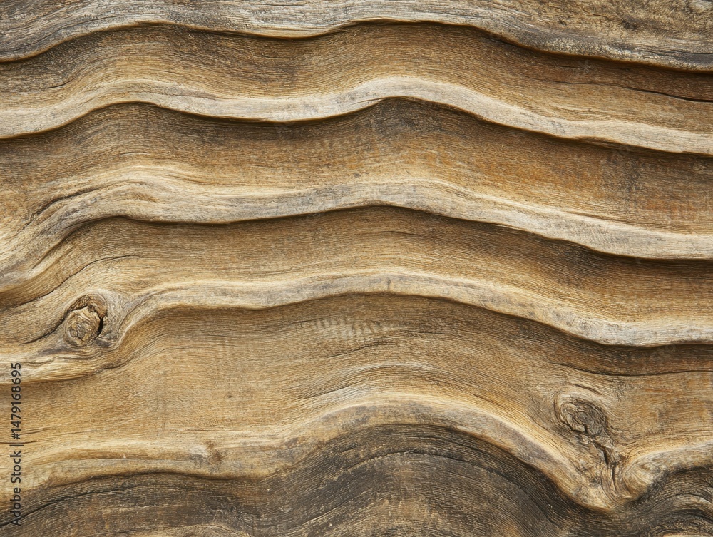 Poster close up of weathered wood grain showing wavy patterns and knots in natural light for texture and ba