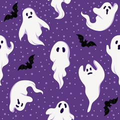 Cute seamless Halloween pattern with white ghosts and flying bats on a purple background with dots. Ideal for kids’ products, stationery, wrapping paper, and Halloween crafts.