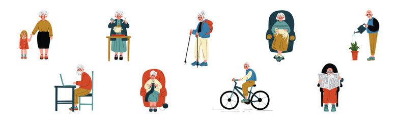Active Senior Man and Woman Character Enjoy Different Activity Vector Set