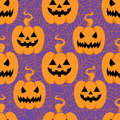Seamless Halloween pattern with carved pumpkins and spider webs on a vibrant purple background. Great for party decor, seasonal packaging, and digital papers.