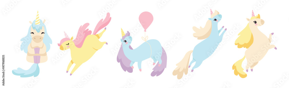 Poster cute unicorn with twisted horn and mane vector set