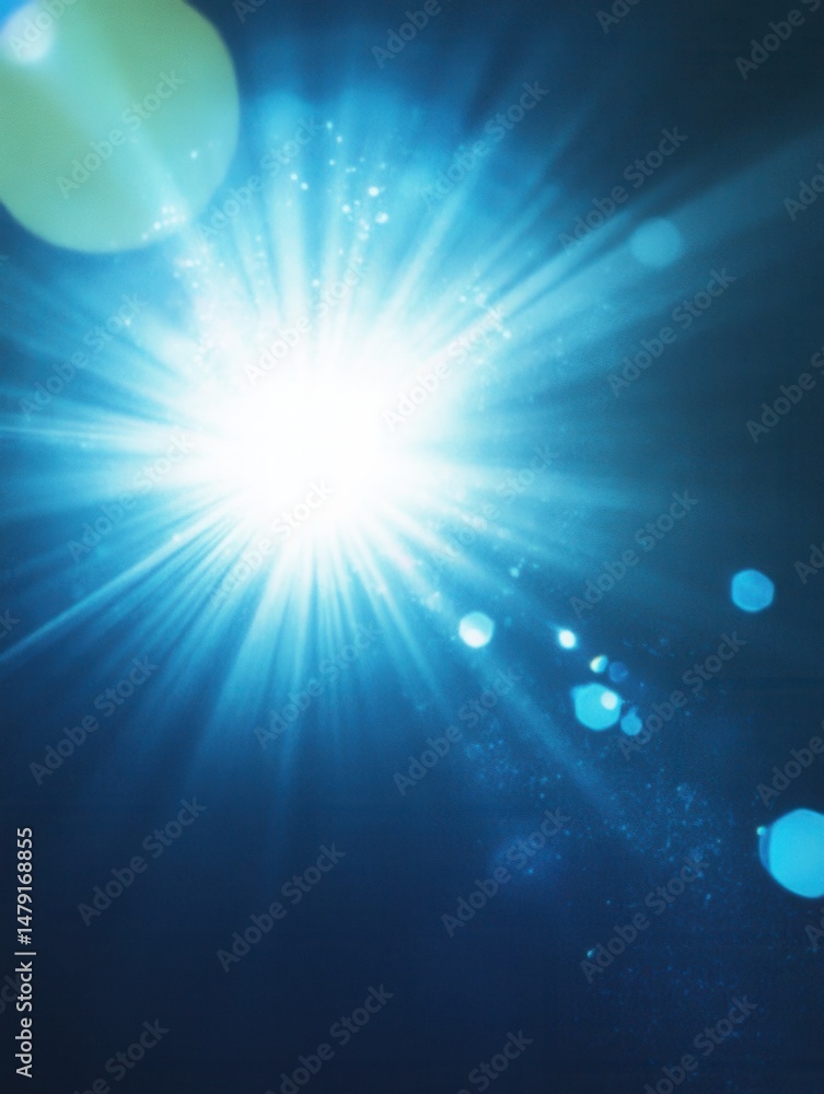 Poster abstract blue light burst with lens flares and bokeh effect creating a bright and ethereal atmospher