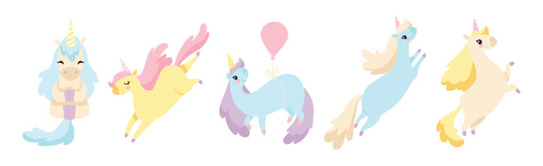 Naklejka premium Cute Unicorn with Twisted Horn and Mane Vector Set