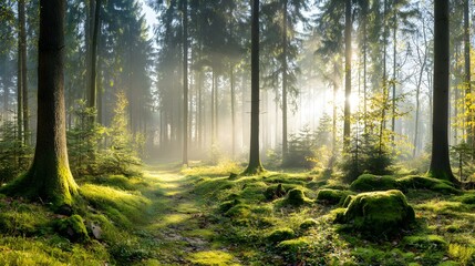 Fototapeta premium with sunlight filtering through tall trees showing conservation