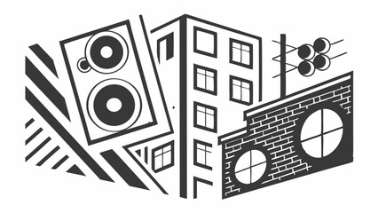 Urban Soundscape Monochrome Cityscape Illustration with Loudspeakers