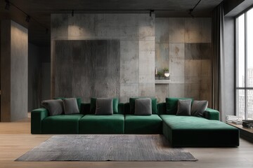 Modern living room interior design showcasing a green velvet sofa with concrete wall and city view in an urban apartment