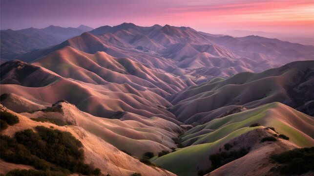 breaking over rolling hills with soft pastel clouds and morning dew
